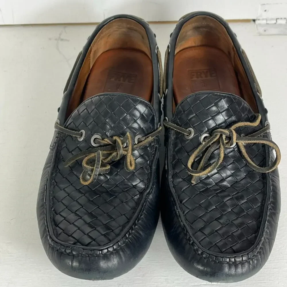 Frye Loafers Mens Size 10.5 Russe Black Woven Leather Slip On Casual Shoes